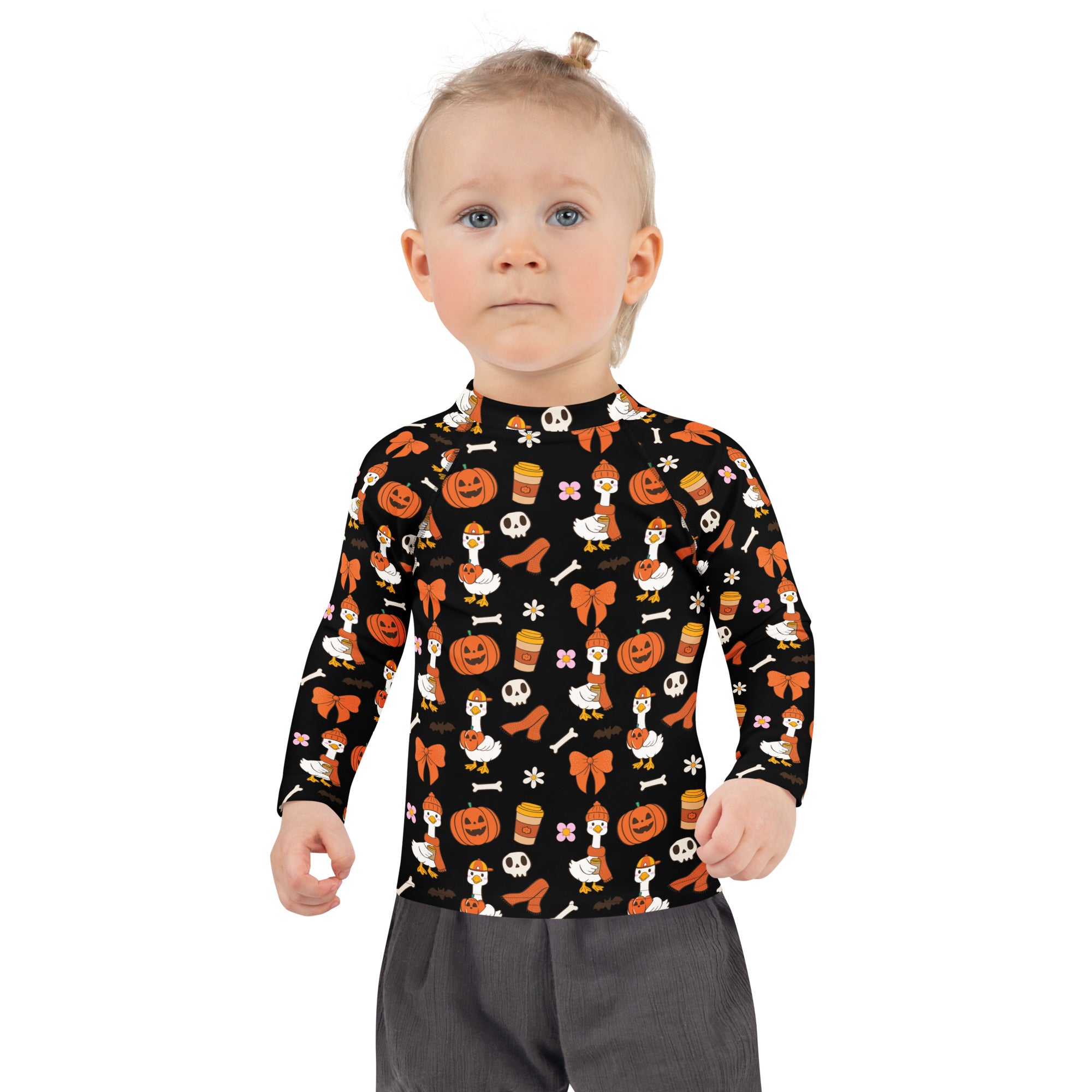 Girls Cute Halloween Goose Long Sleeve Rash Guard Swim Shirt – Buttery Soft, Sun Safe UPF 50+ Protection, Quick Dry & 4-Way Stretch Comfort