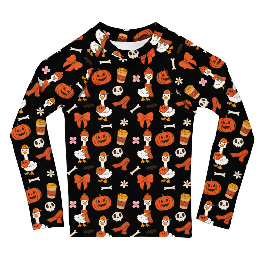 Girls Cute Halloween Goose Long Sleeve Rash Guard Swim Shirt – Buttery Soft, Sun Safe UPF 50+ Protection, Quick Dry & 4-Way Stretch Comfort