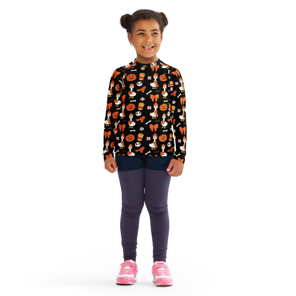 Girls Cute Halloween Goose Long Sleeve Rash Guard Swim Shirt – Buttery Soft, Sun Safe UPF 50+ Protection, Quick Dry & 4-Way Stretch Comfort