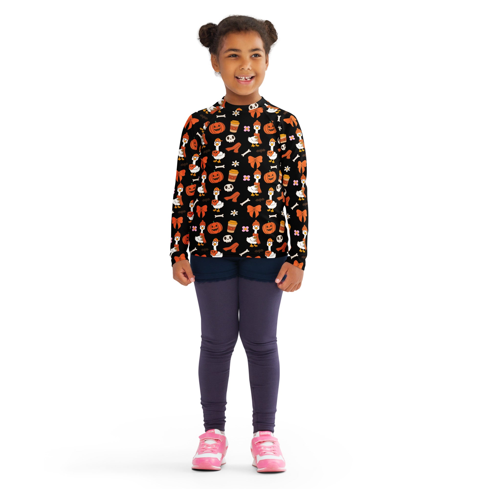 Girls Cute Halloween Goose Long Sleeve Rash Guard Swim Shirt – Buttery Soft, Sun Safe UPF 50+ Protection, Quick Dry & 4-Way Stretch Comfort
