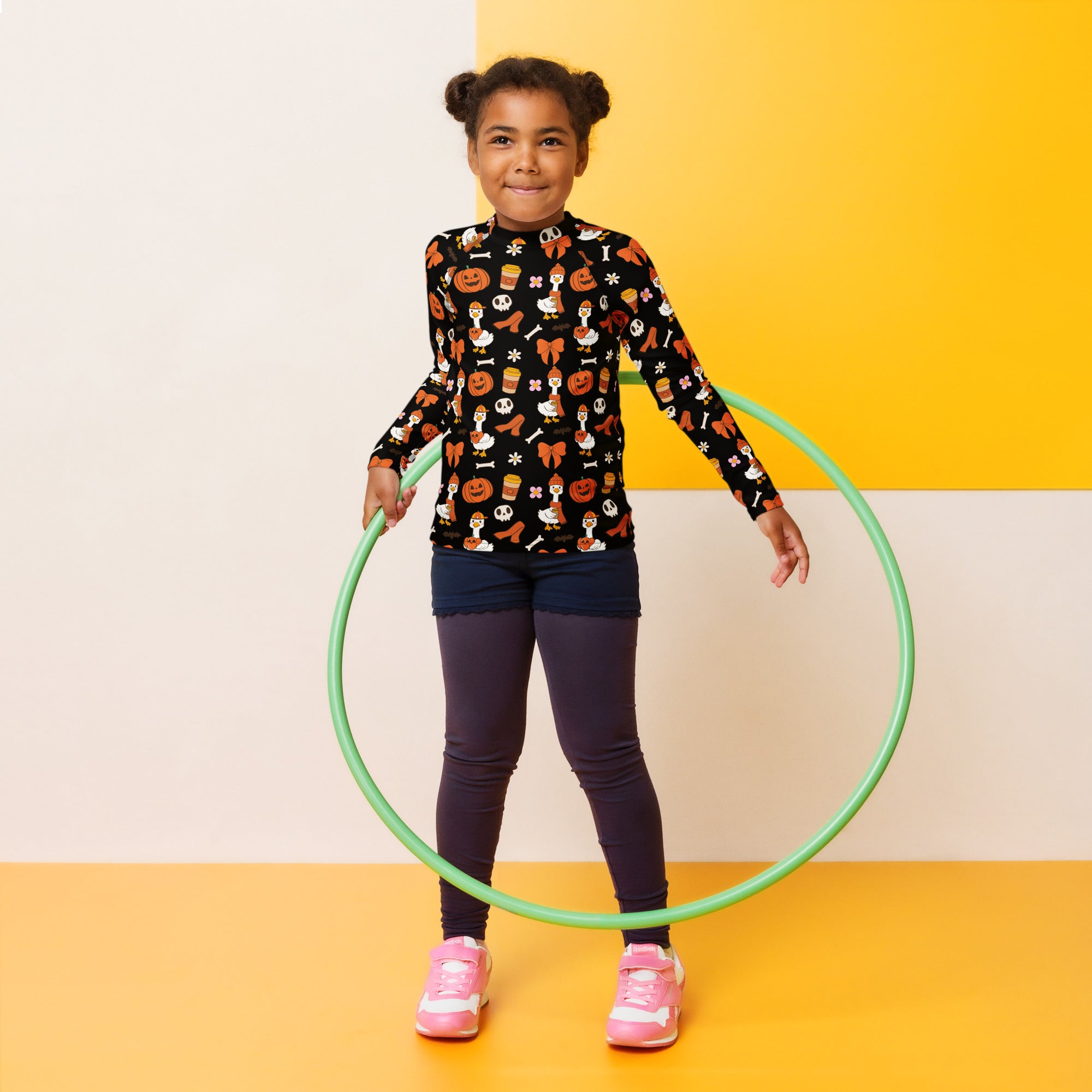 Girls Cute Halloween Goose Long Sleeve Rash Guard Swim Shirt – Buttery Soft, Sun Safe UPF 50+ Protection, Quick Dry & 4-Way Stretch Comfort