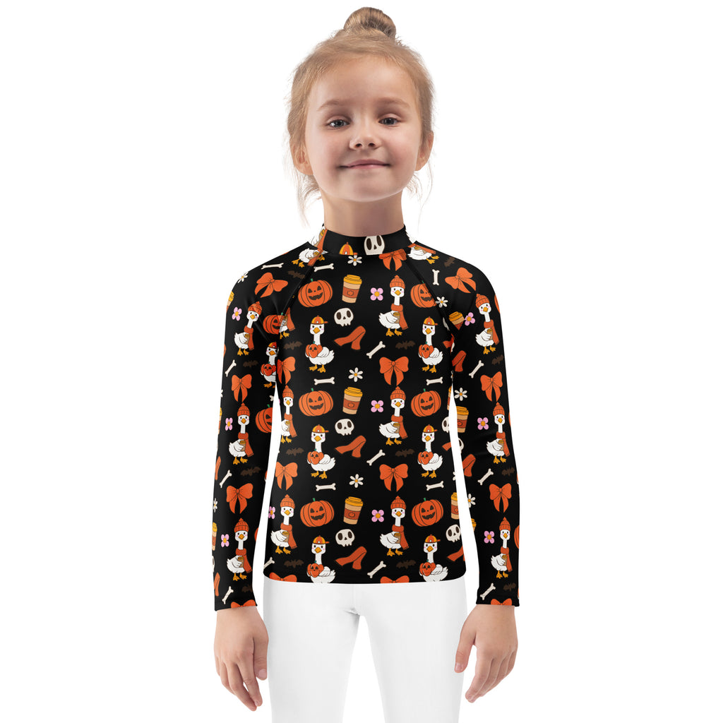 Girls Cute Halloween Goose Long Sleeve Rash Guard Swim Shirt – Buttery Soft, Sun Safe UPF 50+ Protection, Quick Dry & 4-Way Stretch Comfort
