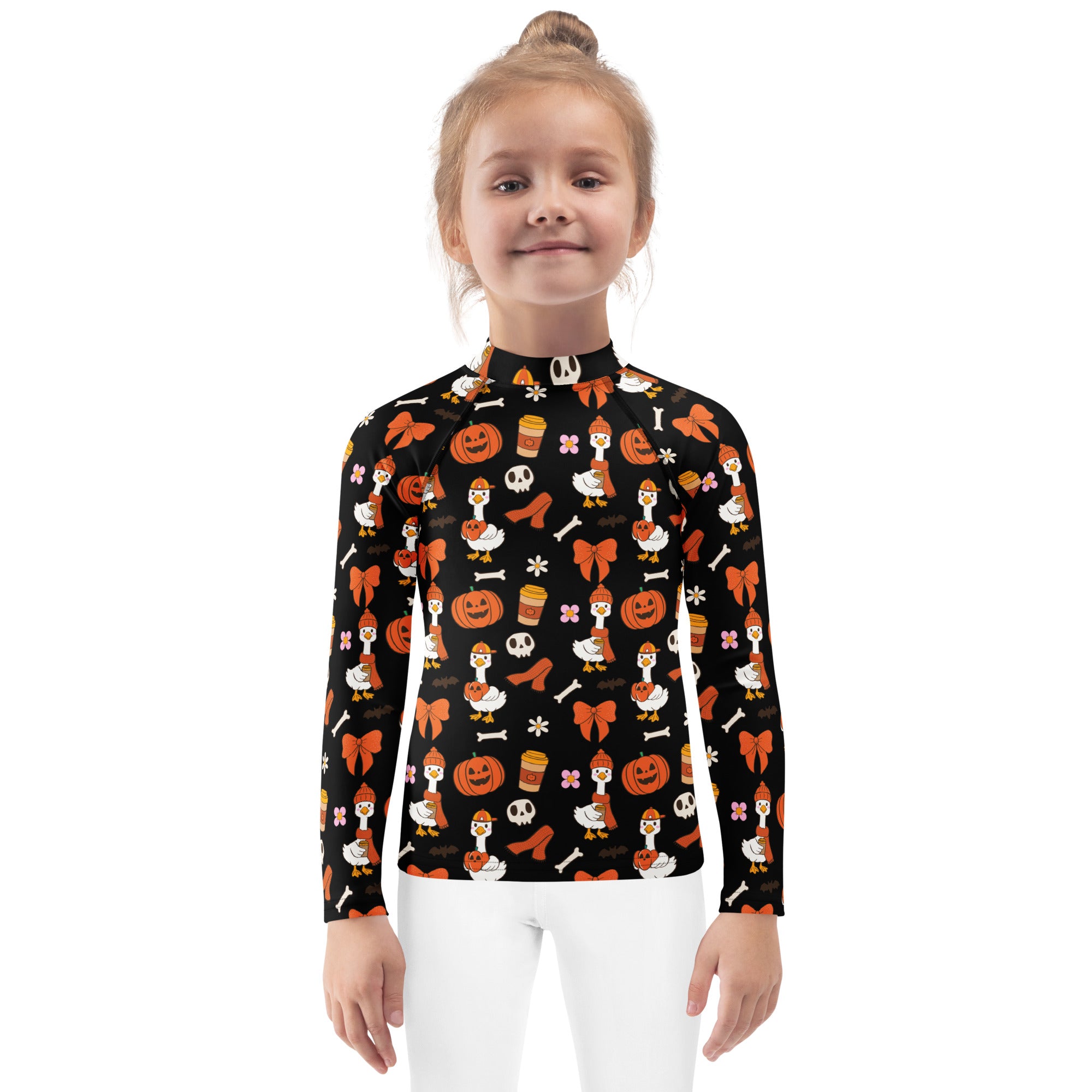 Girls Cute Halloween Goose Long Sleeve Rash Guard Swim Shirt – Buttery Soft, Sun Safe UPF 50+ Protection, Quick Dry & 4-Way Stretch Comfort