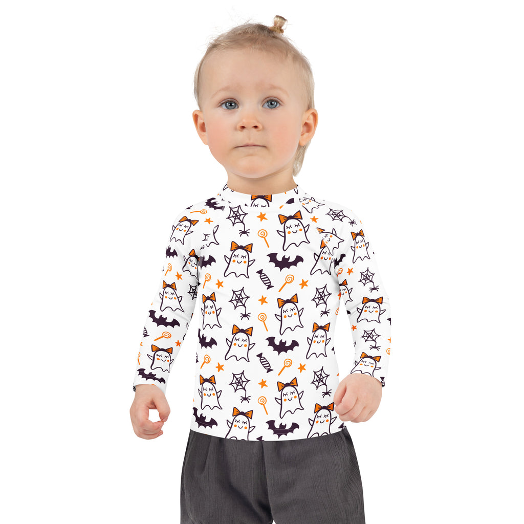 Girls Cute Ghosts With Bows Long Sleeve Rash Guard Swim Shirt – Buttery Soft, Sun Safe UPF 50+ Protection, Quick Dry & 4-Way Stretch Comfort