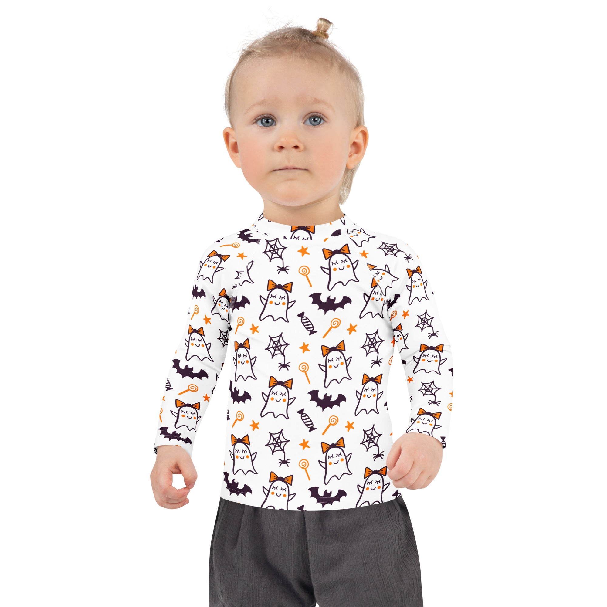 Girls Cute Ghosts With Bows Long Sleeve Rash Guard Swim Shirt – Buttery Soft, Sun Safe UPF 50+ Protection, Quick Dry & 4-Way Stretch Comfort