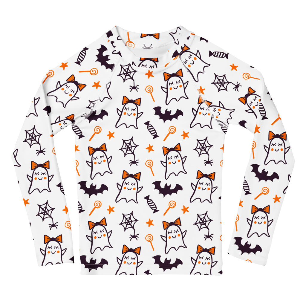 Girls Cute Ghosts With Bows Long Sleeve Rash Guard Swim Shirt – Buttery Soft, Sun Safe UPF 50+ Protection, Quick Dry & 4-Way Stretch Comfort