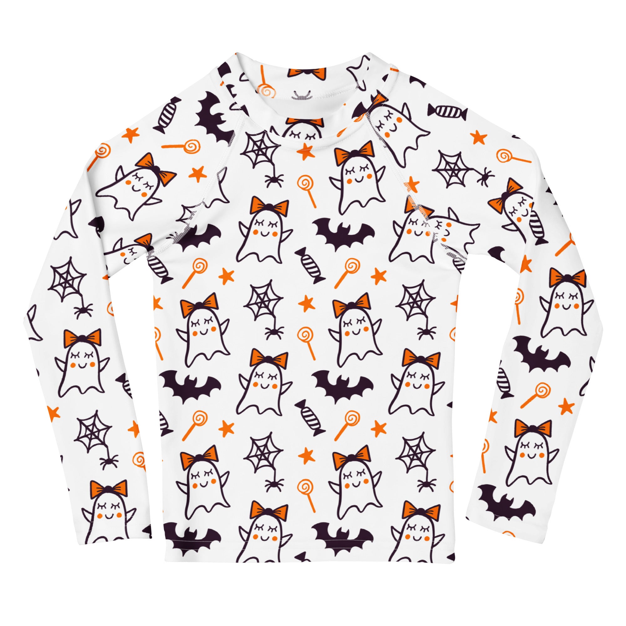 Girls Cute Ghosts With Bows Long Sleeve Rash Guard Swim Shirt – Buttery Soft, Sun Safe UPF 50+ Protection, Quick Dry & 4-Way Stretch Comfort