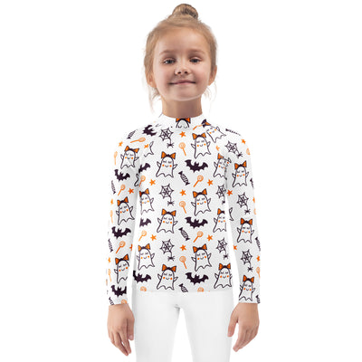 Girls Cute Ghosts With Bows Long Sleeve Rash Guard Swim Shirt – Buttery Soft, Sun Safe UPF 50+ Protection, Quick Dry & 4-Way Stretch Comfort