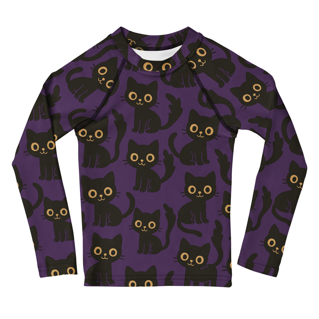 Girls Black Cats Halloween Long Sleeve Rash Guard Swim Shirt – Buttery Soft, Sun Safe UPF 50+ Protection, Quick Dry & 4-Way Stretch Comfort