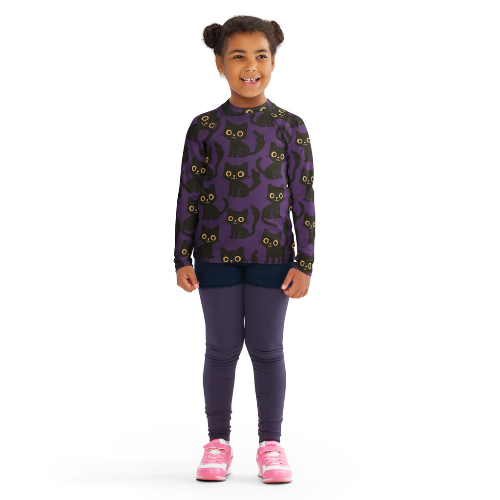 Girls Black Cats Halloween Long Sleeve Rash Guard Swim Shirt – Buttery Soft, Sun Safe UPF 50+ Protection, Quick Dry & 4-Way Stretch Comfort