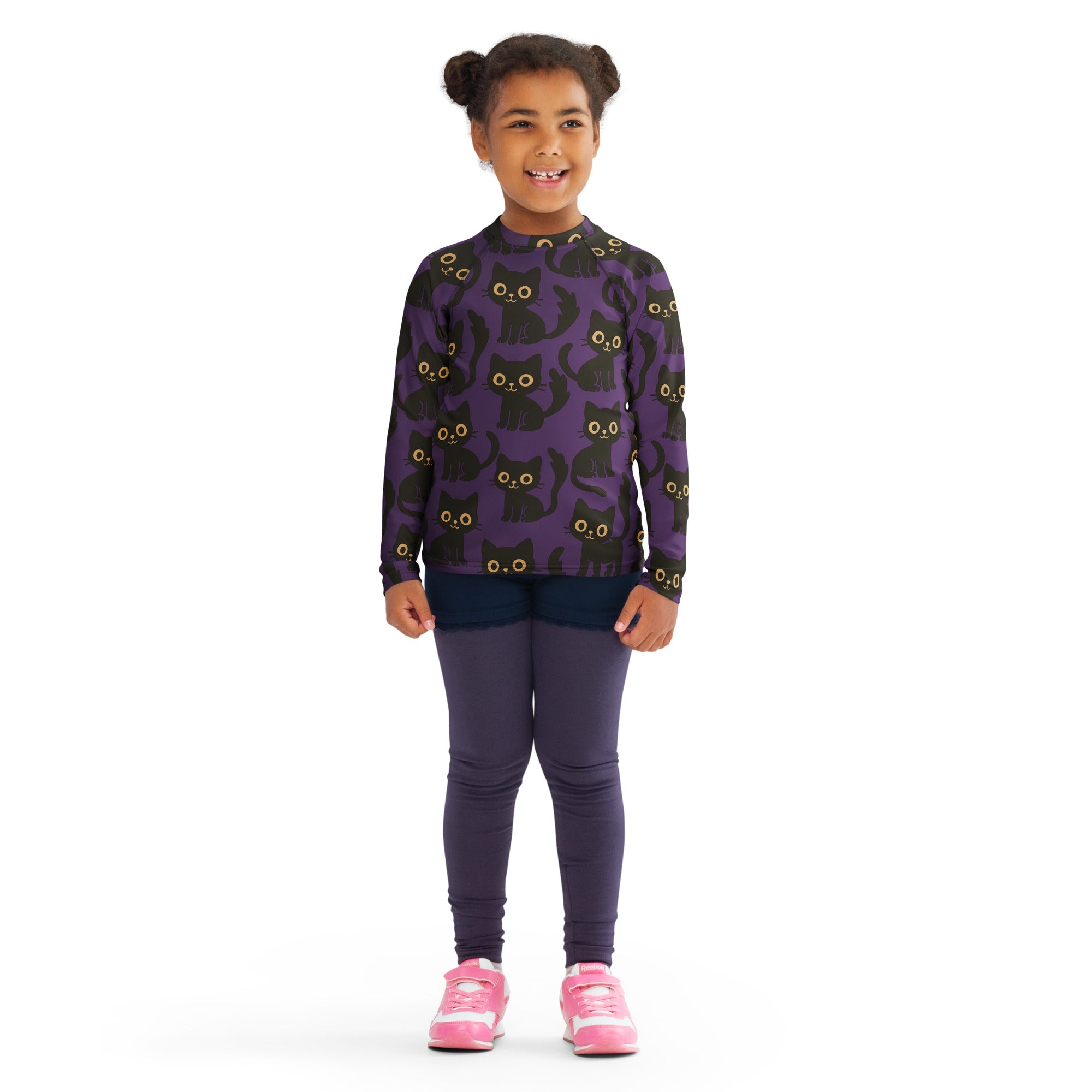 Girls Black Cats Halloween Long Sleeve Rash Guard Swim Shirt – Buttery Soft, Sun Safe UPF 50+ Protection, Quick Dry & 4-Way Stretch Comfort