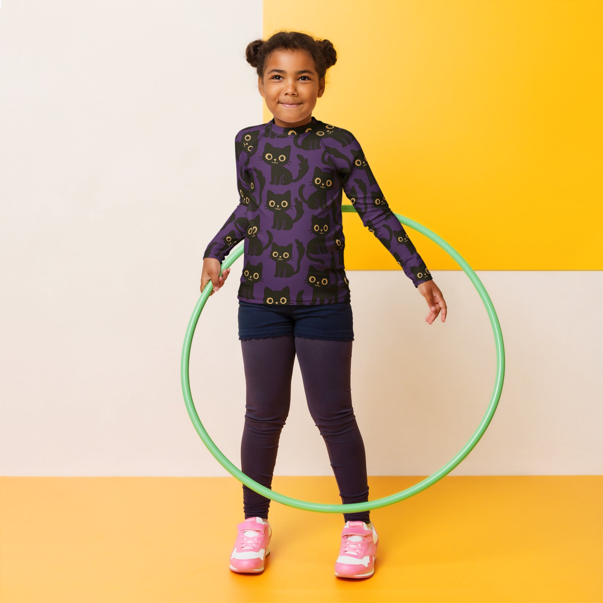 Girls Black Cats Halloween Long Sleeve Rash Guard Swim Shirt – Buttery Soft, Sun Safe UPF 50+ Protection, Quick Dry & 4-Way Stretch Comfort
