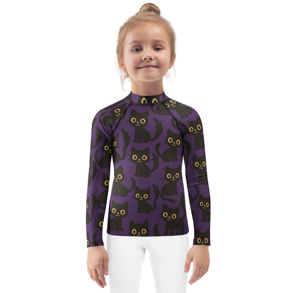 Girls Black Cats Halloween Long Sleeve Rash Guard Swim Shirt – Buttery Soft, Sun Safe UPF 50+ Protection, Quick Dry & 4-Way Stretch Comfort