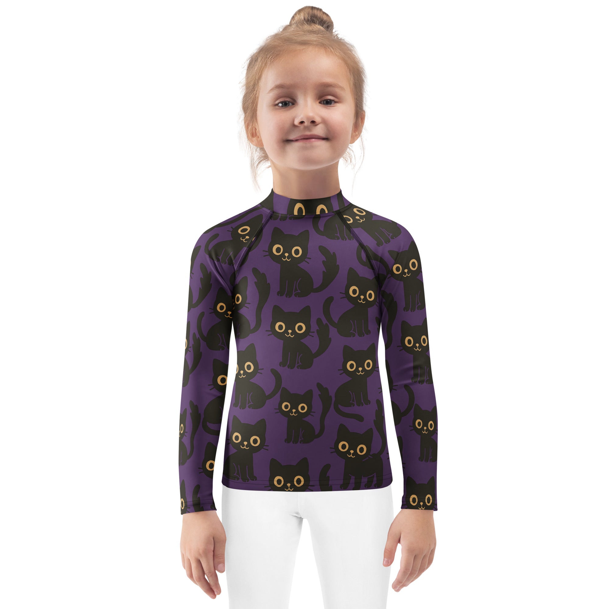 Girls Black Cats Halloween Long Sleeve Rash Guard Swim Shirt – Buttery Soft, Sun Safe UPF 50+ Protection, Quick Dry & 4-Way Stretch Comfort