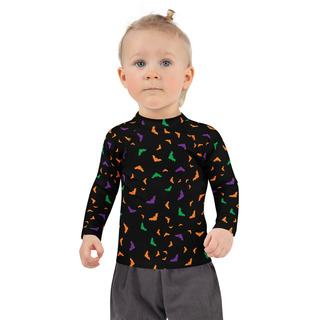 Kids Colorful Halloween Bats Long Sleeve Rash Guard Swim Shirt – Buttery Soft, Sun Safe UPF 50+ Protection, Quick Dry & 4-Way Stretch Comfort