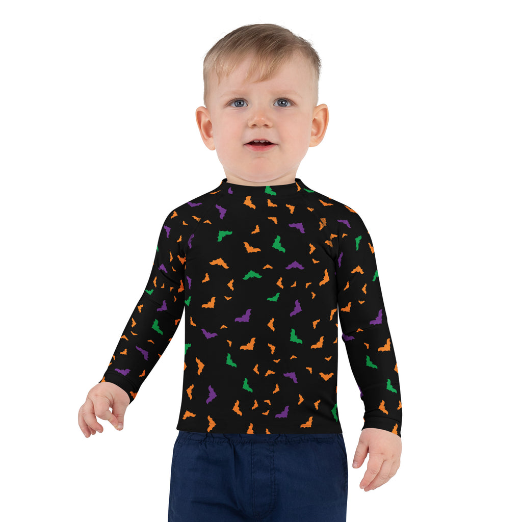 Kids Colorful Halloween Bats Long Sleeve Rash Guard Swim Shirt – Buttery Soft, Sun Safe UPF 50+ Protection, Quick Dry & 4-Way Stretch Comfort