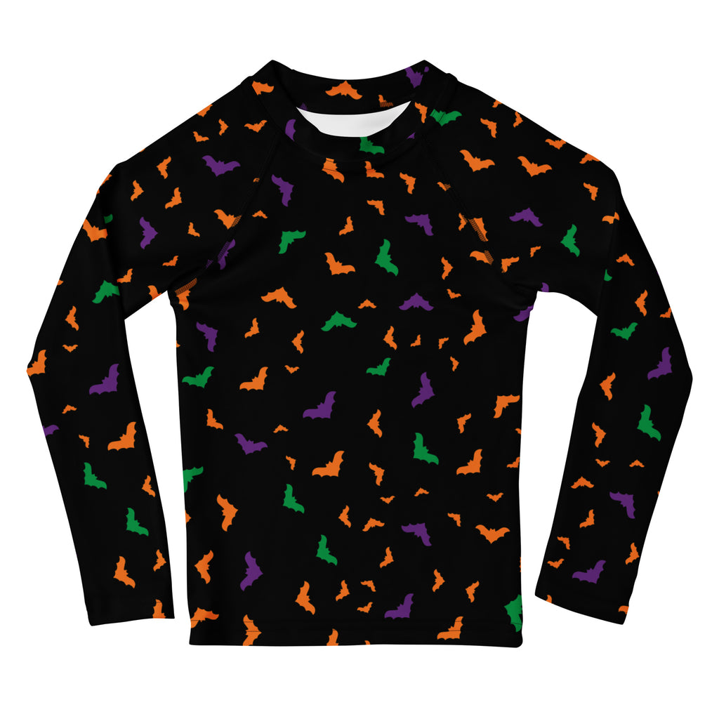 Kids Colorful Halloween Bats Long Sleeve Rash Guard Swim Shirt – Buttery Soft, Sun Safe UPF 50+ Protection, Quick Dry & 4-Way Stretch Comfort
