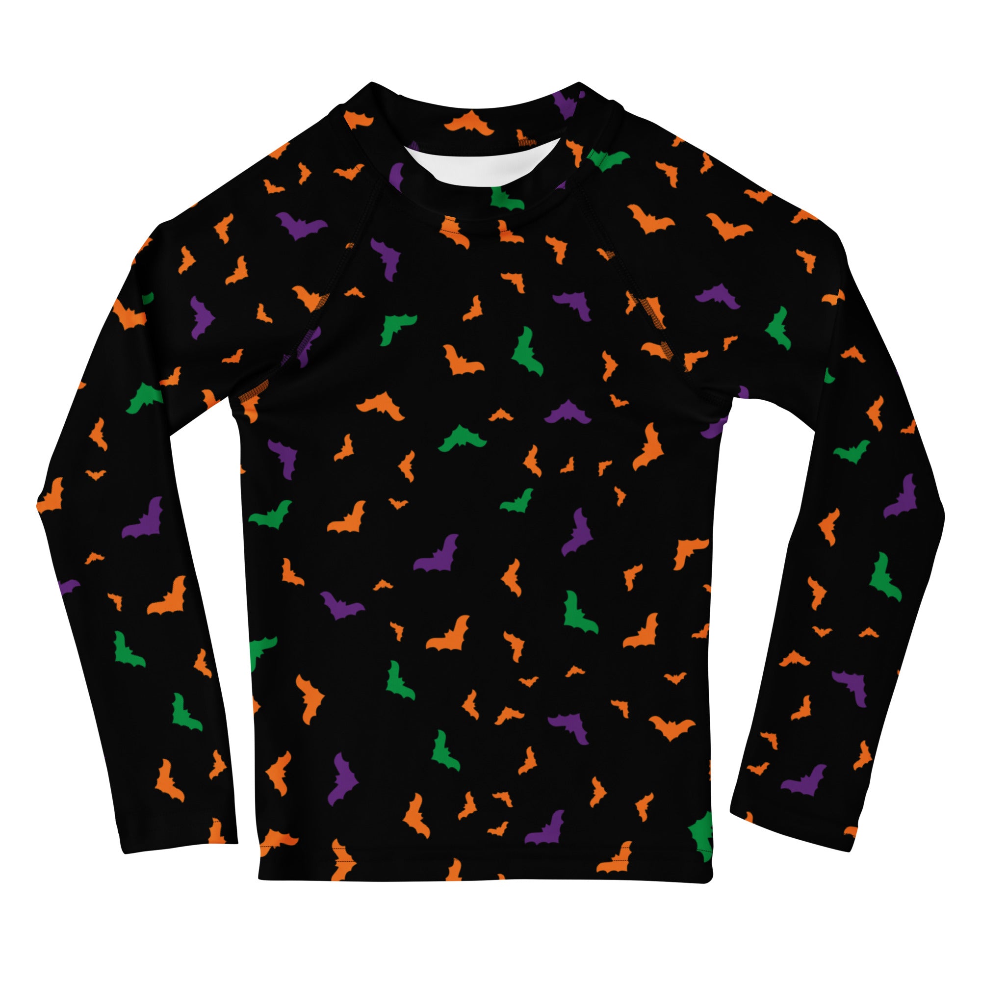 Kids Colorful Halloween Bats Long Sleeve Rash Guard Swim Shirt – Buttery Soft, Sun Safe UPF 50+ Protection, Quick Dry & 4-Way Stretch Comfort