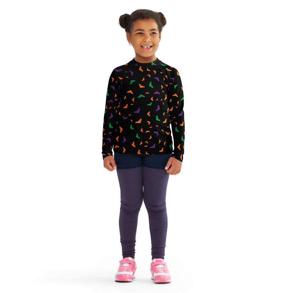 Kids Colorful Halloween Bats Long Sleeve Rash Guard Swim Shirt – Buttery Soft, Sun Safe UPF 50+ Protection, Quick Dry & 4-Way Stretch Comfort