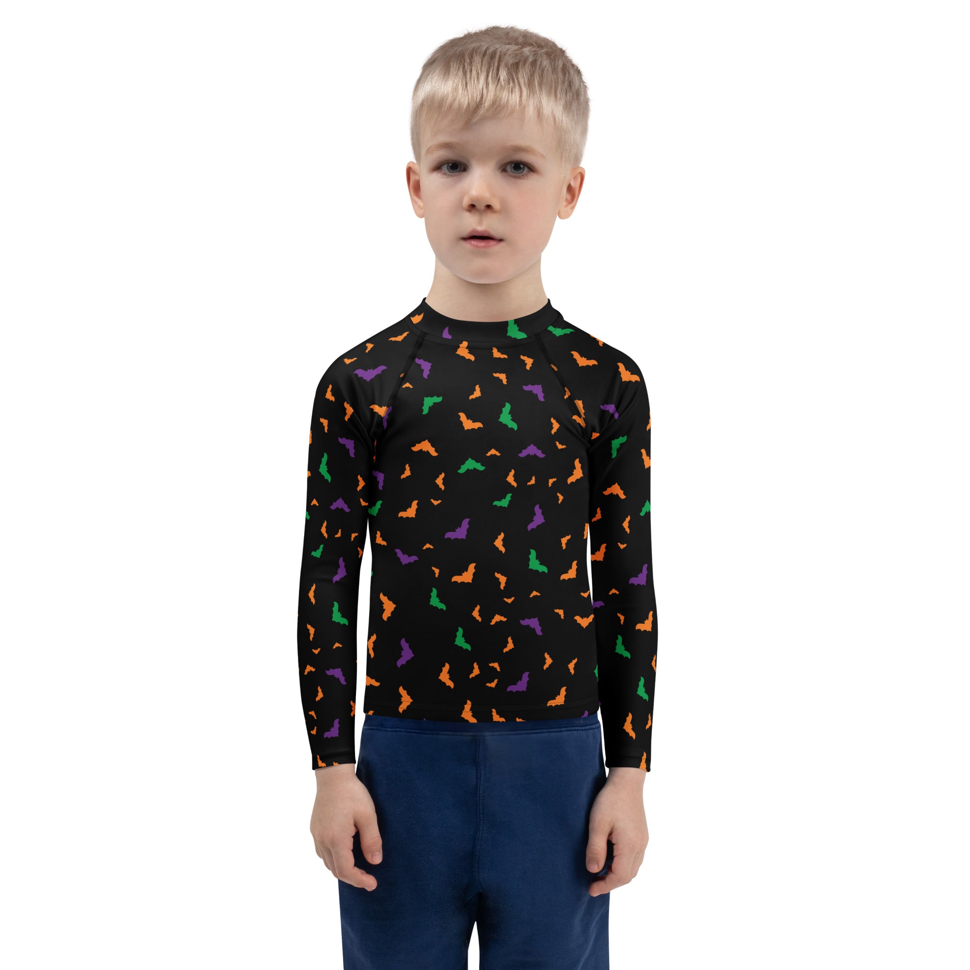 Kids Colorful Halloween Bats Long Sleeve Rash Guard Swim Shirt – Buttery Soft, Sun Safe UPF 50+ Protection, Quick Dry & 4-Way Stretch Comfort