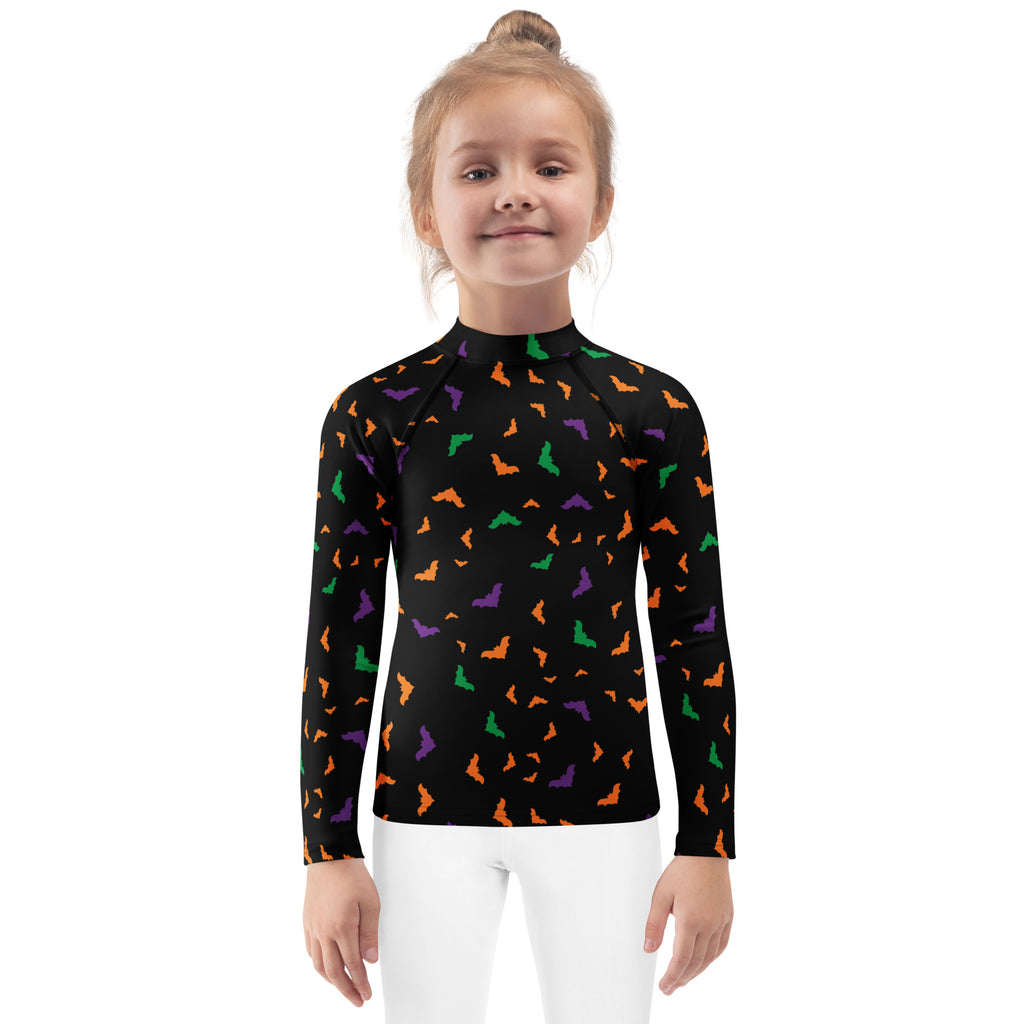 Kids Colorful Halloween Bats Long Sleeve Rash Guard Swim Shirt – Buttery Soft, Sun Safe UPF 50+ Protection, Quick Dry & 4-Way Stretch Comfort