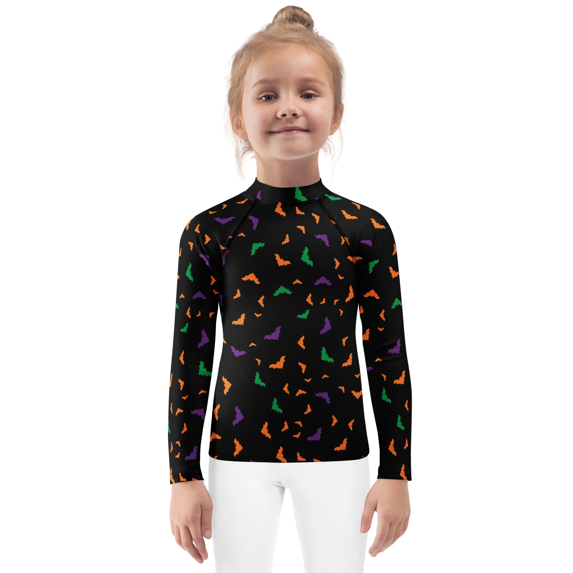 Kids Colorful Halloween Bats Long Sleeve Rash Guard Swim Shirt – Buttery Soft, Sun Safe UPF 50+ Protection, Quick Dry & 4-Way Stretch Comfort