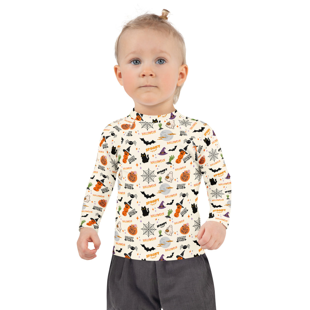 Kids Halloween Icons Long Sleeve Rash Guard Swim Shirt – Buttery Soft, Sun Safe UPF 50+ Protection, Quick Dry & 4-Way Stretch Comfort