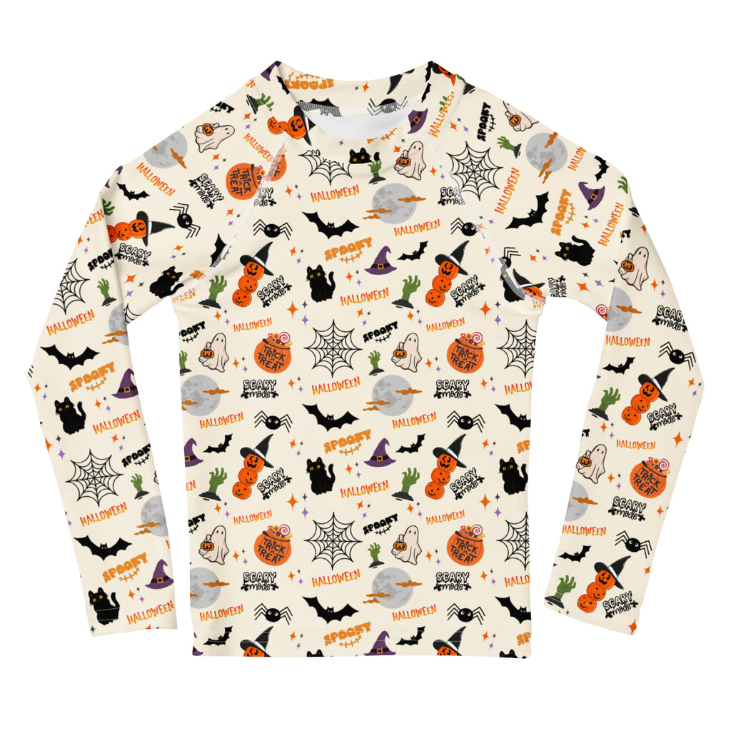 Kids Halloween Icons Long Sleeve Rash Guard Swim Shirt – Buttery Soft, Sun Safe UPF 50+ Protection, Quick Dry & 4-Way Stretch Comfort