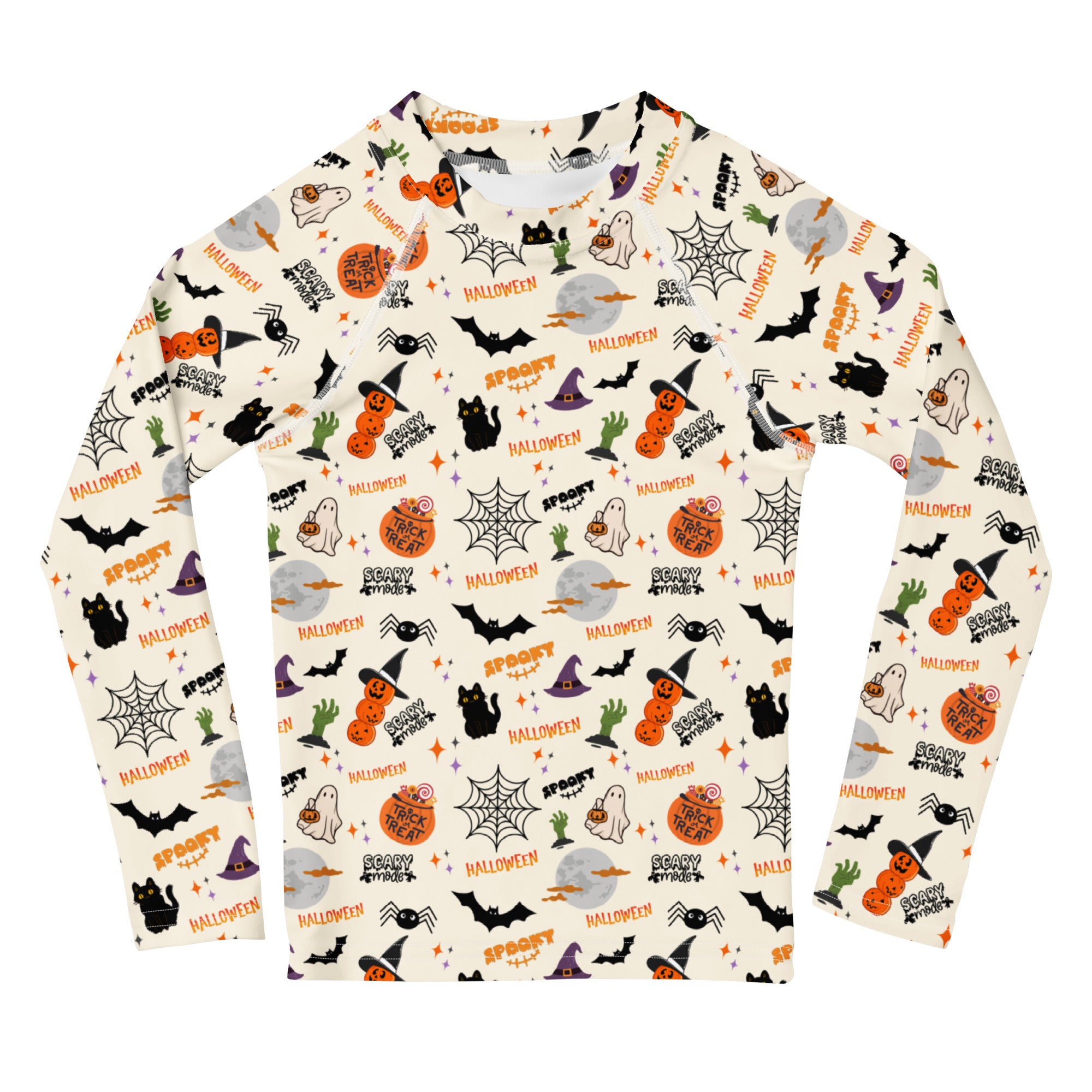 Kids Halloween Icons Long Sleeve Rash Guard Swim Shirt – Buttery Soft, Sun Safe UPF 50+ Protection, Quick Dry & 4-Way Stretch Comfort