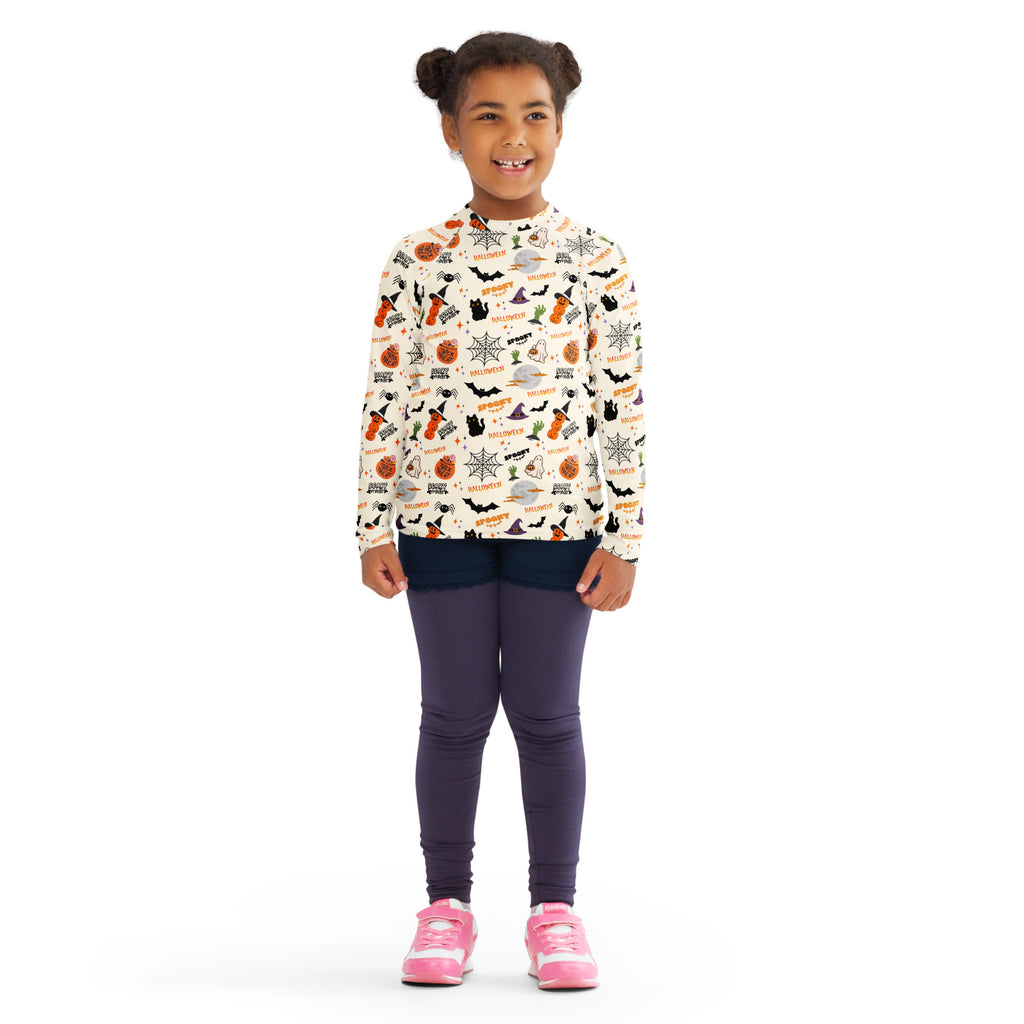 Kids Halloween Icons Long Sleeve Rash Guard Swim Shirt – Buttery Soft, Sun Safe UPF 50+ Protection, Quick Dry & 4-Way Stretch Comfort