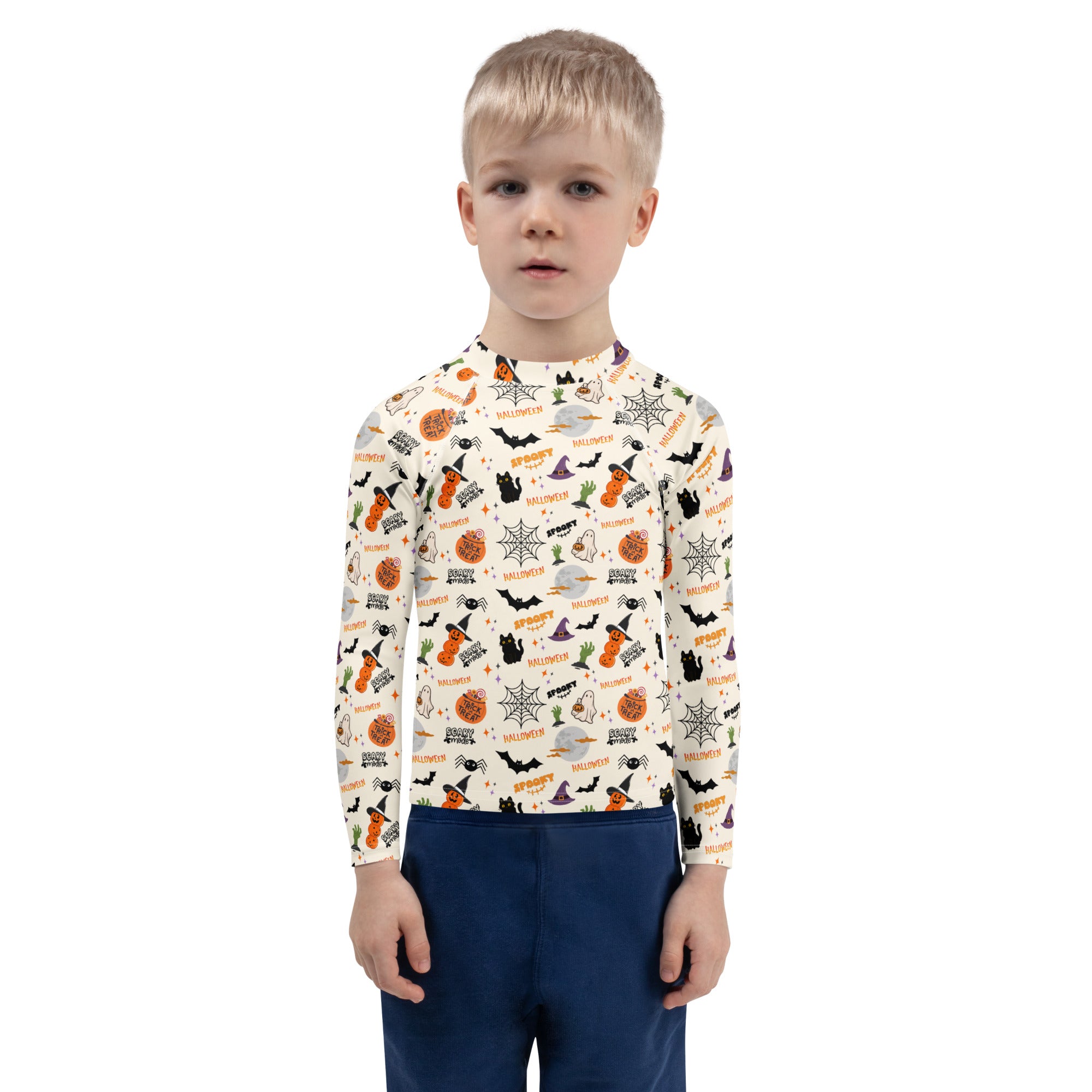 Kids Halloween Icons Long Sleeve Rash Guard Swim Shirt – Buttery Soft, Sun Safe UPF 50+ Protection, Quick Dry & 4-Way Stretch Comfort