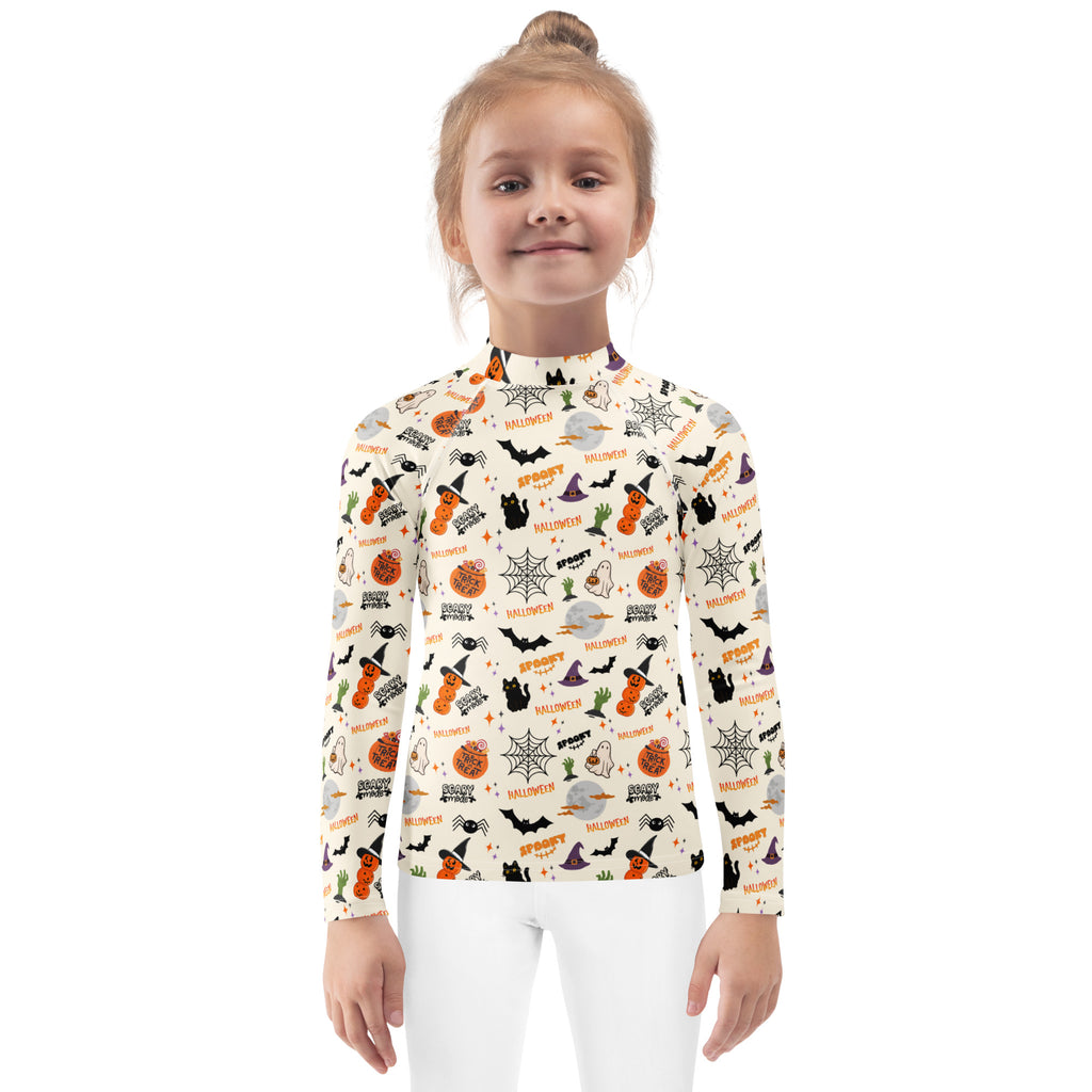 Kids Halloween Icons Long Sleeve Rash Guard Swim Shirt – Buttery Soft, Sun Safe UPF 50+ Protection, Quick Dry & 4-Way Stretch Comfort