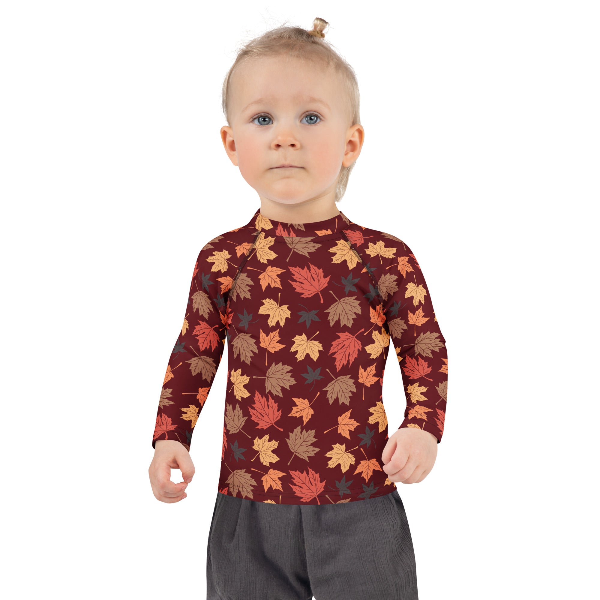 Kids Autumn Maple Leaves Long Sleeve Rash Guard Swim Shirt – Buttery Soft, Sun Safe UPF 50+ Protection, Quick Dry & 4-Way Stretch Comfort