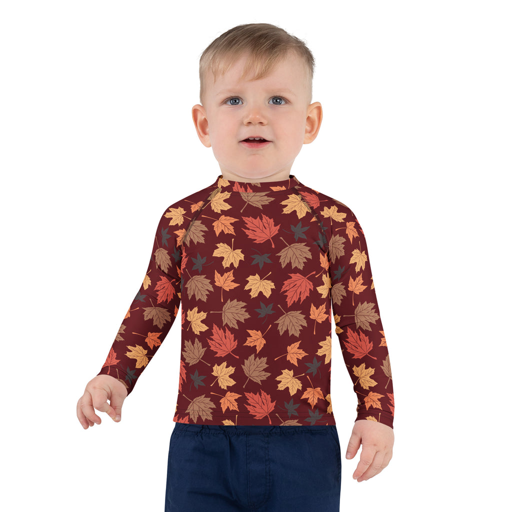 Kids Autumn Maple Leaves Long Sleeve Rash Guard Swim Shirt – Buttery Soft, Sun Safe UPF 50+ Protection, Quick Dry & 4-Way Stretch Comfort