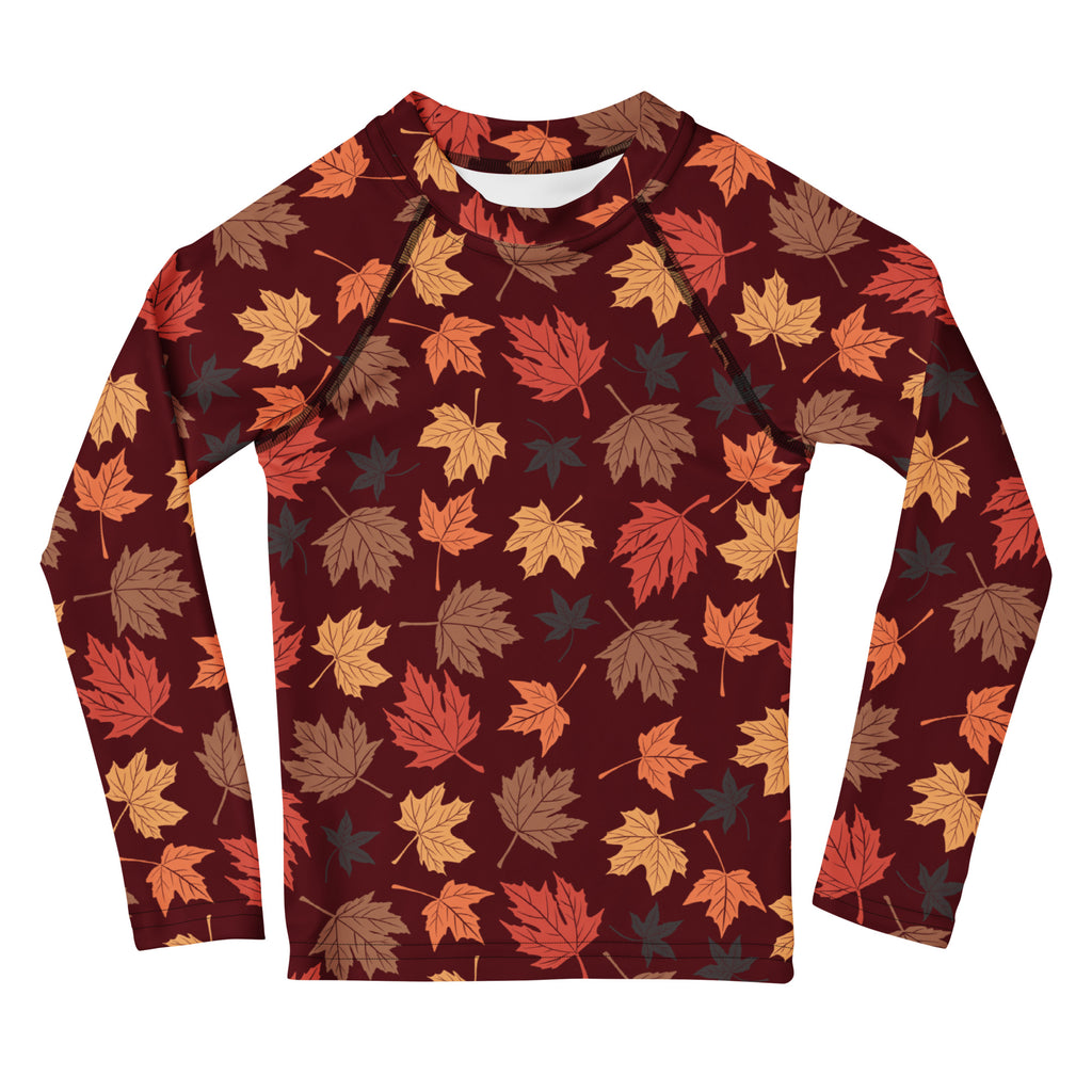 Kids Autumn Maple Leaves Long Sleeve Rash Guard Swim Shirt – Buttery Soft, Sun Safe UPF 50+ Protection, Quick Dry & 4-Way Stretch Comfort
