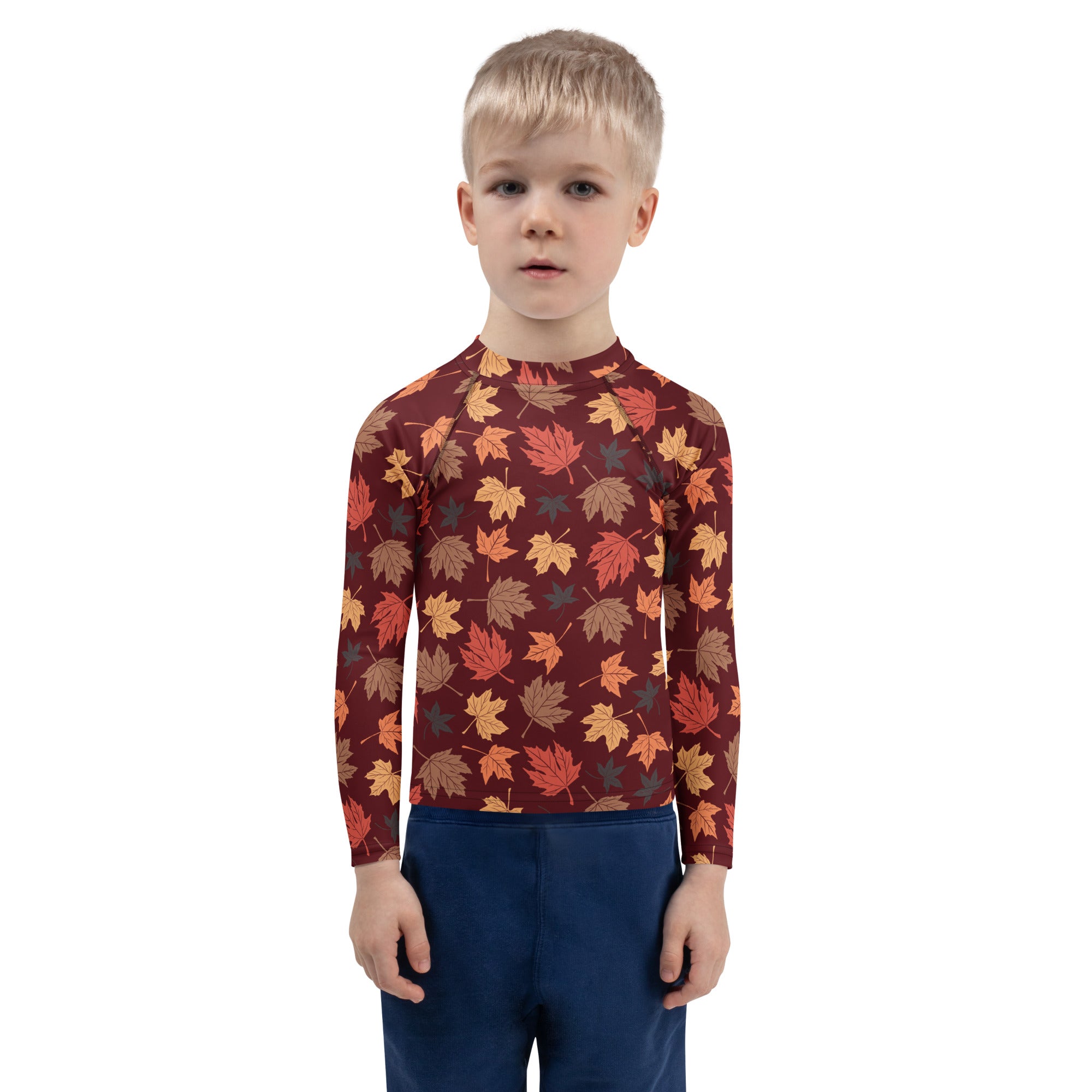 Kids Autumn Maple Leaves Long Sleeve Rash Guard Swim Shirt – Buttery Soft, Sun Safe UPF 50+ Protection, Quick Dry & 4-Way Stretch Comfort