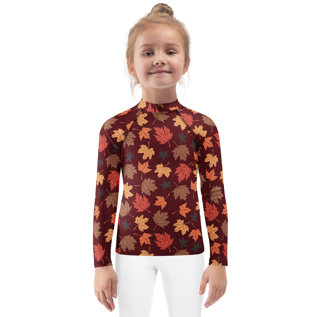 Kids Autumn Maple Leaves Long Sleeve Rash Guard Swim Shirt – Buttery Soft, Sun Safe UPF 50+ Protection, Quick Dry & 4-Way Stretch Comfort