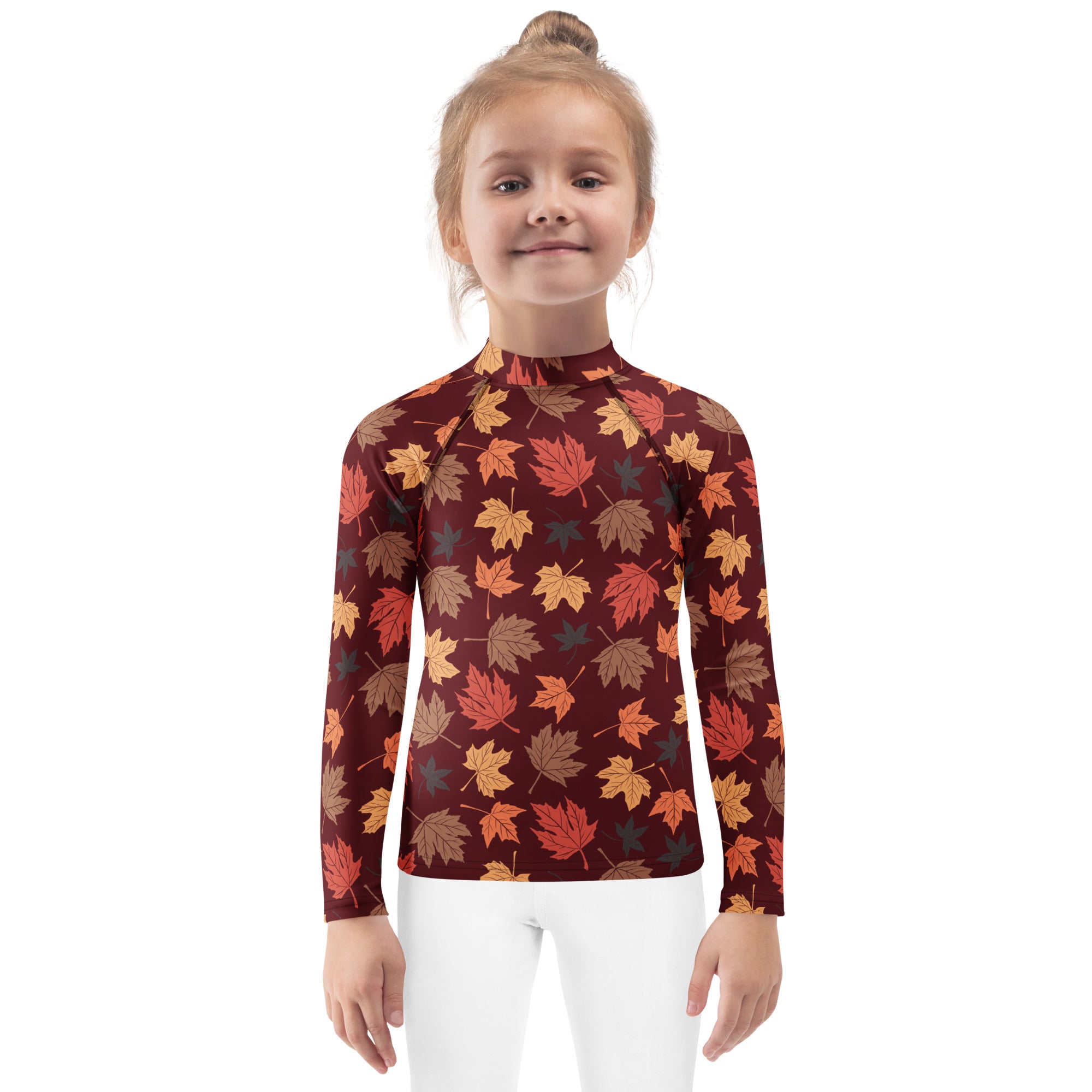 Kids Autumn Maple Leaves Long Sleeve Rash Guard Swim Shirt – Buttery Soft, Sun Safe UPF 50+ Protection, Quick Dry & 4-Way Stretch Comfort