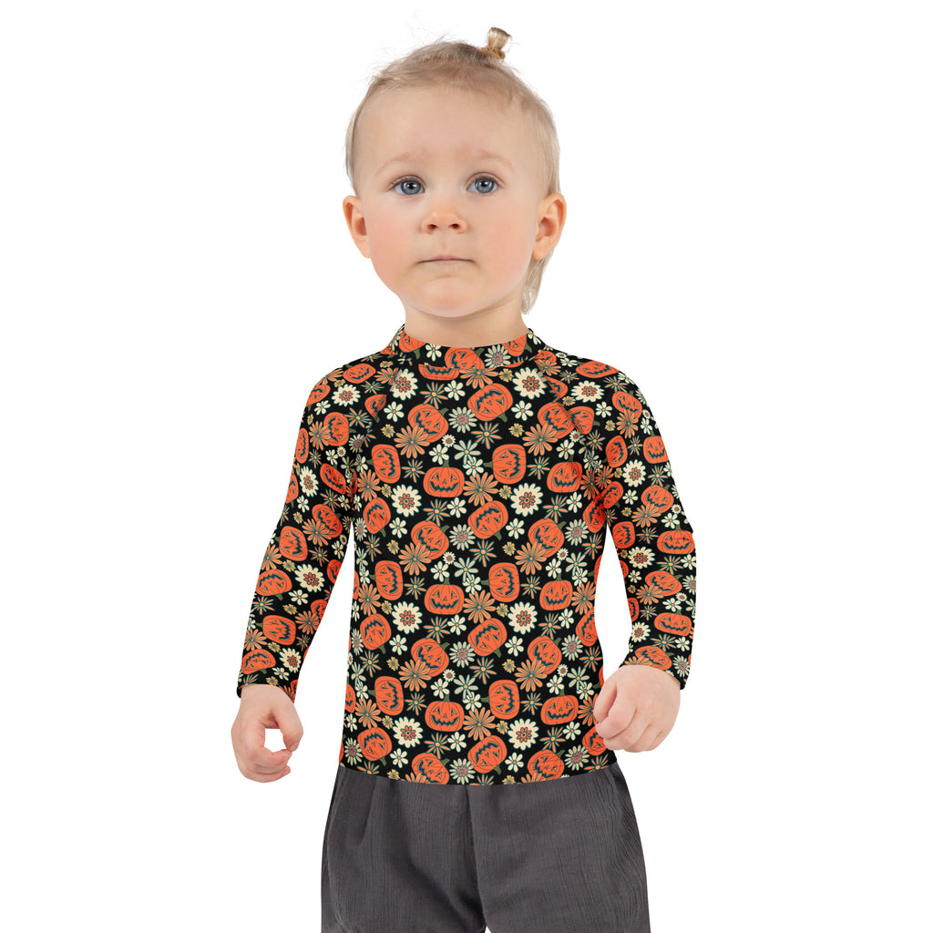 Kids Vintage Halloween Pumpkin Floral Long Sleeve Rash Guard Swim Shirt – Buttery Soft, Sun Safe UPF 50+ Protection, Quick Dry & 4-Way Stretch Comfort