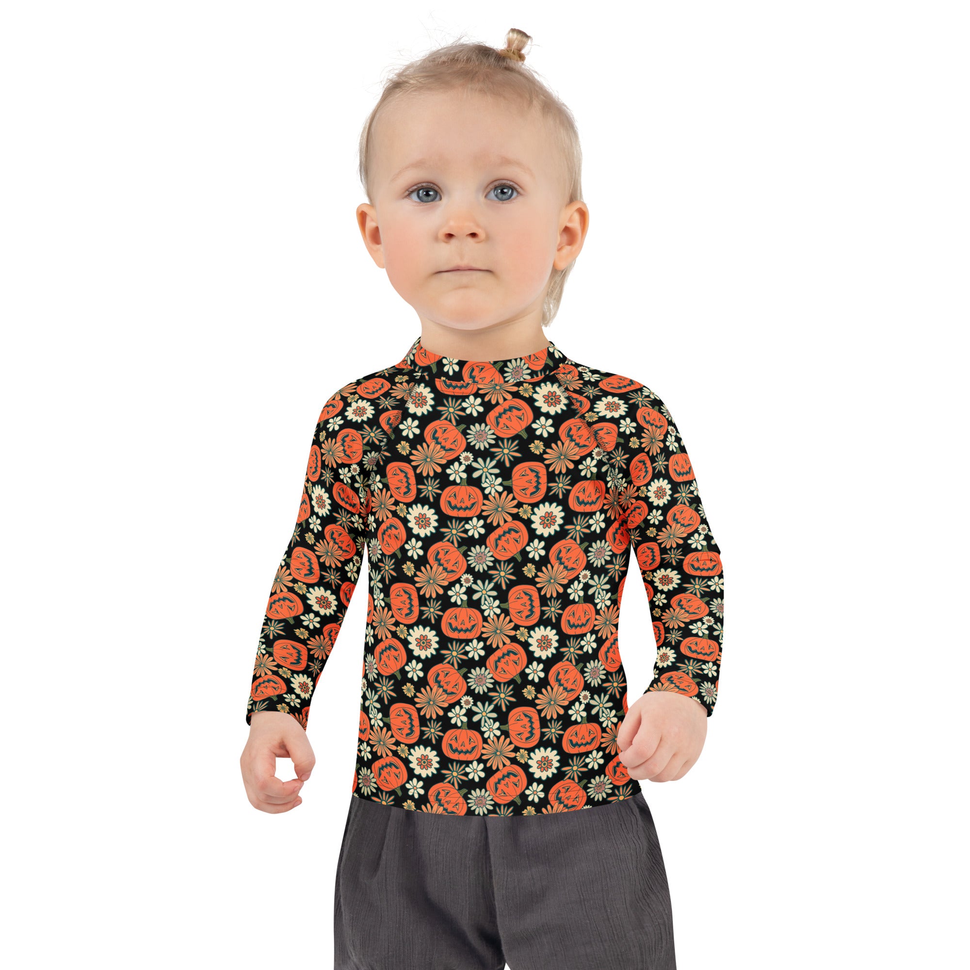 Kids Vintage Halloween Pumpkin Floral Long Sleeve Rash Guard Swim Shirt – Buttery Soft, Sun Safe UPF 50+ Protection, Quick Dry & 4-Way Stretch Comfort