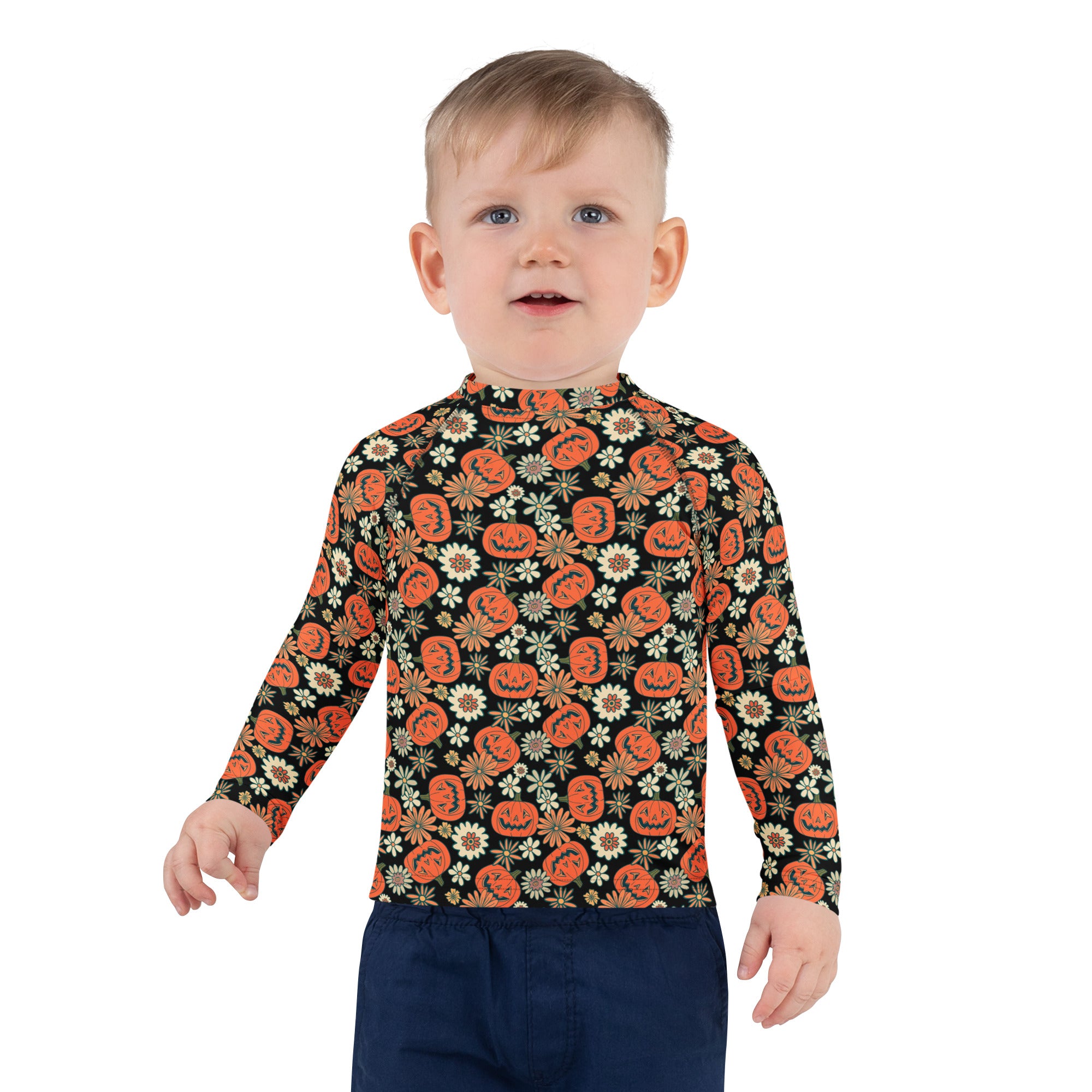 Kids Vintage Halloween Pumpkin Floral Long Sleeve Rash Guard Swim Shirt – Buttery Soft, Sun Safe UPF 50+ Protection, Quick Dry & 4-Way Stretch Comfort