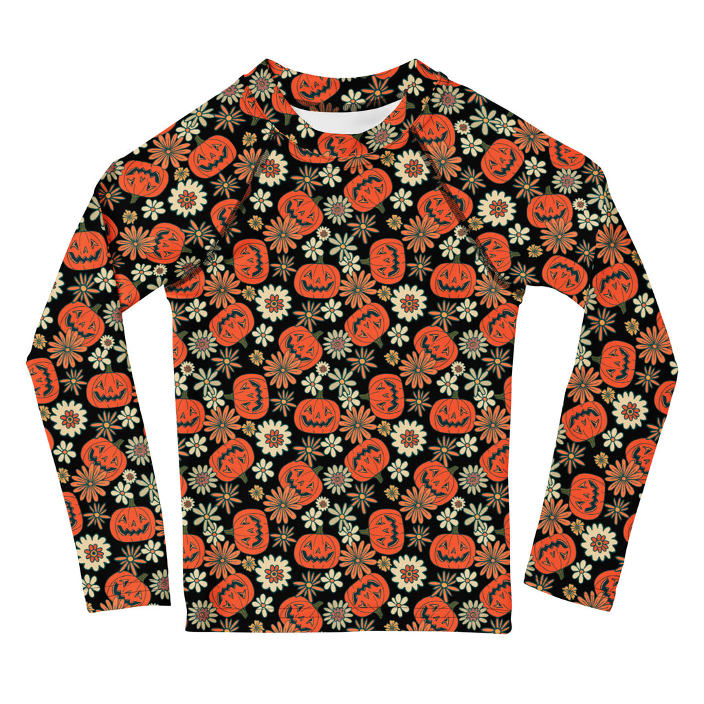 Kids Vintage Halloween Pumpkin Floral Long Sleeve Rash Guard Swim Shirt – Buttery Soft, Sun Safe UPF 50+ Protection, Quick Dry & 4-Way Stretch Comfort