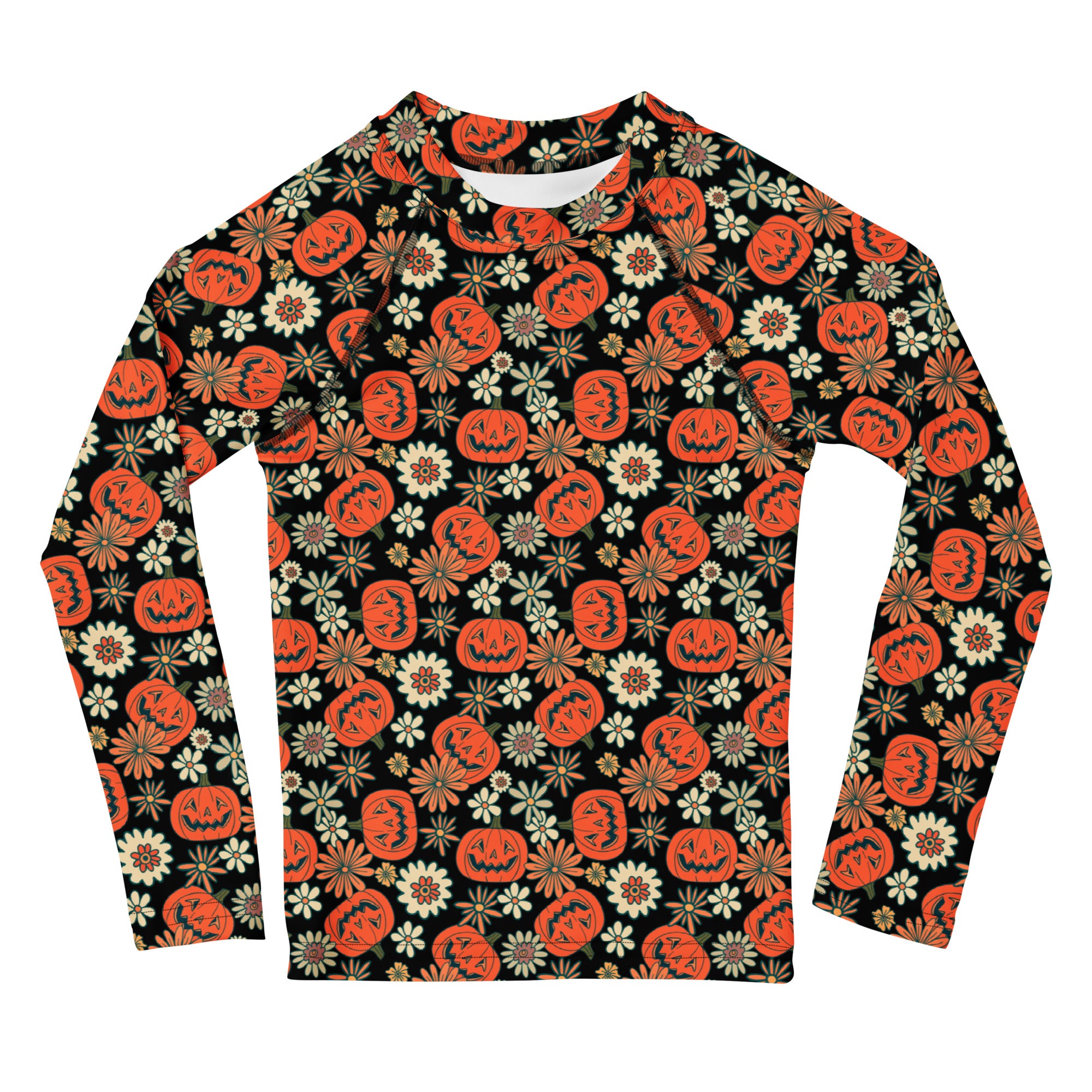 Kids Vintage Halloween Pumpkin Floral Long Sleeve Rash Guard Swim Shirt – Buttery Soft, Sun Safe UPF 50+ Protection, Quick Dry & 4-Way Stretch Comfort