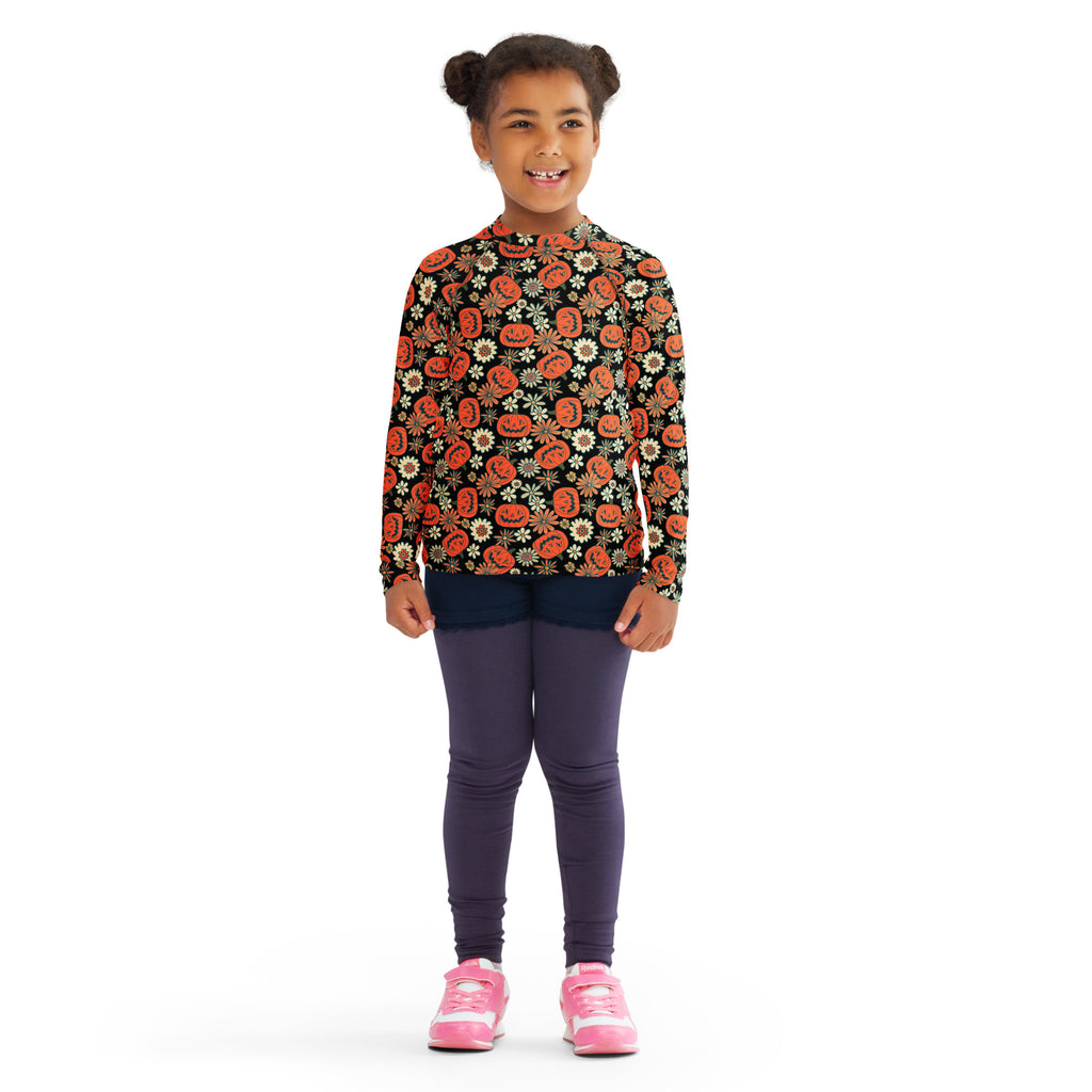 Kids Vintage Halloween Pumpkin Floral Long Sleeve Rash Guard Swim Shirt – Buttery Soft, Sun Safe UPF 50+ Protection, Quick Dry & 4-Way Stretch Comfort