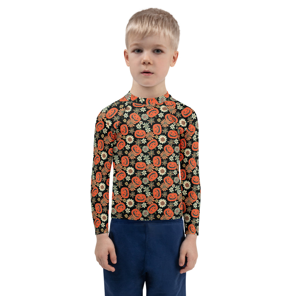 Kids Vintage Halloween Pumpkin Floral Long Sleeve Rash Guard Swim Shirt – Buttery Soft, Sun Safe UPF 50+ Protection, Quick Dry & 4-Way Stretch Comfort