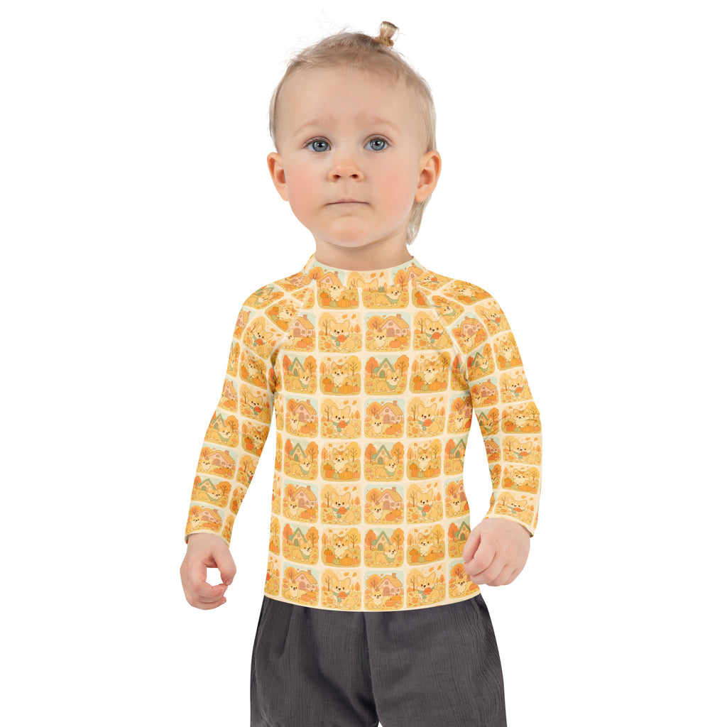 Kids Fall Corgi Long Sleeve Rash Guard Swim Shirt – Buttery Soft, Sun Safe UPF 50+ Protection, Quick Dry & 4-Way Stretch Comfort