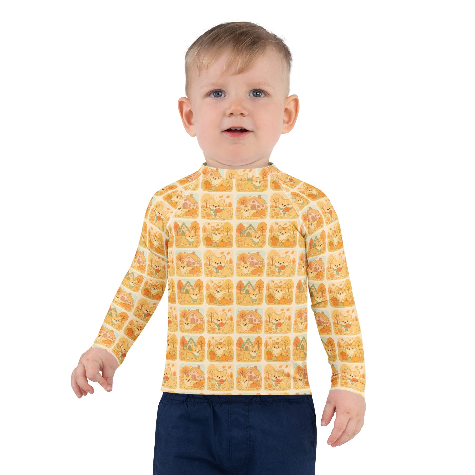 Kids Fall Corgi Long Sleeve Rash Guard Swim Shirt – Buttery Soft, Sun Safe UPF 50+ Protection, Quick Dry & 4-Way Stretch Comfort
