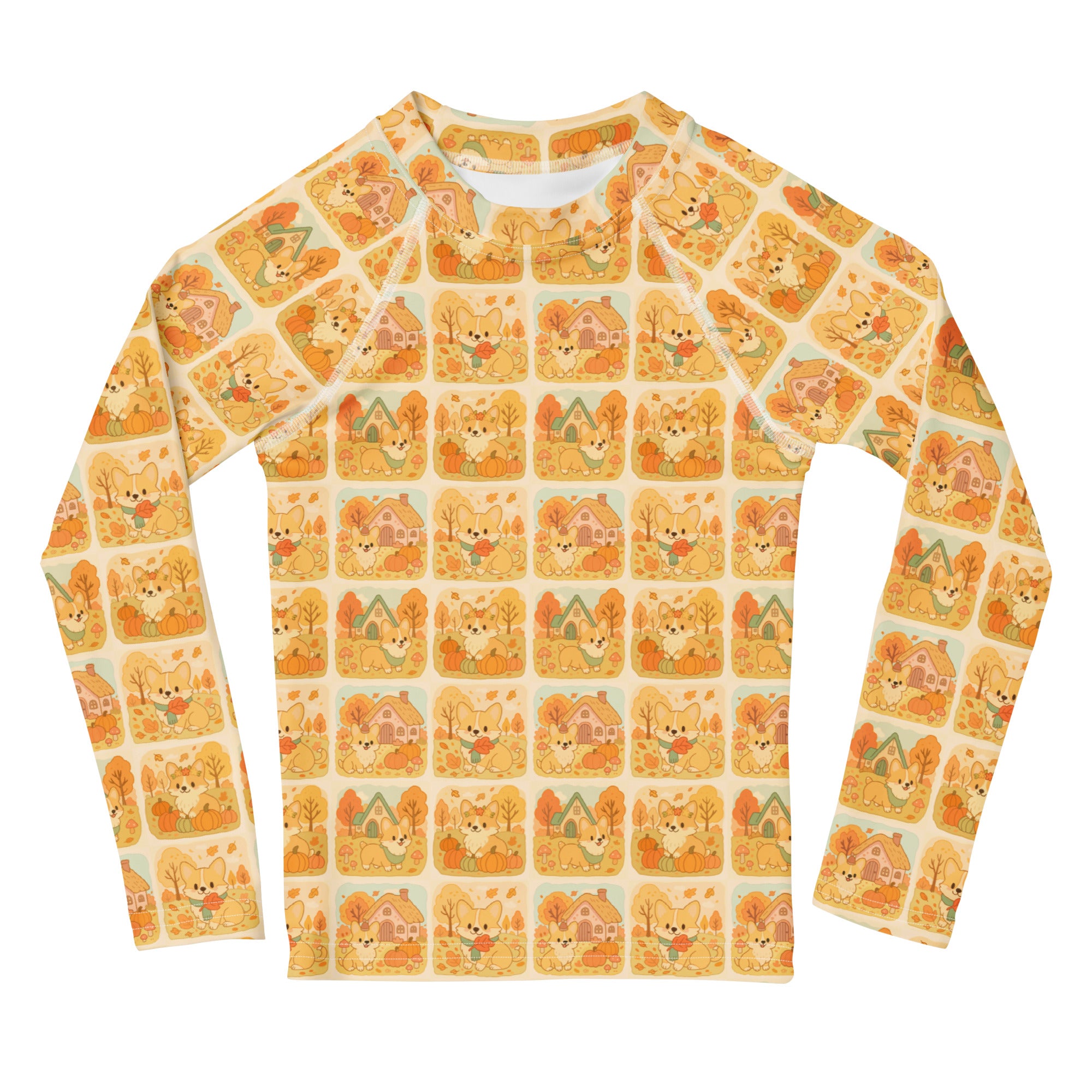 Kids Fall Corgi Long Sleeve Rash Guard Swim Shirt – Buttery Soft, Sun Safe UPF 50+ Protection, Quick Dry & 4-Way Stretch Comfort