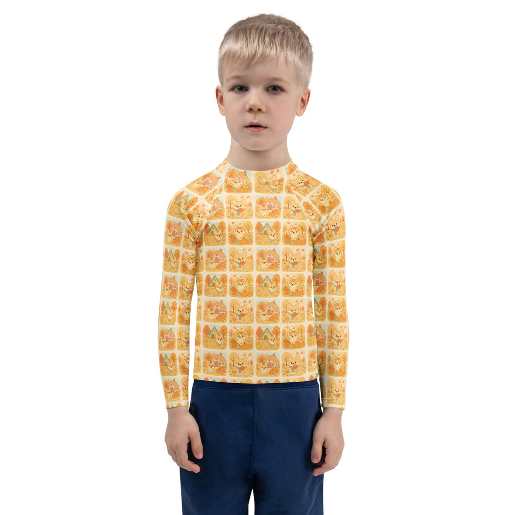 Kids Fall Corgi Long Sleeve Rash Guard Swim Shirt – Buttery Soft, Sun Safe UPF 50+ Protection, Quick Dry & 4-Way Stretch Comfort