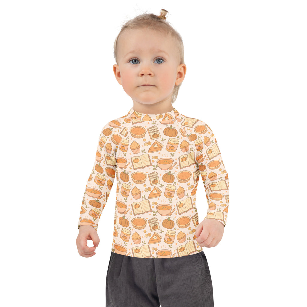 Kids Pumpkin Pie Themed Long Sleeve Rash Guard Swim Shirt – Buttery Soft, Sun Safe UPF 50+ Protection, Quick Dry & 4-Way Stretch Comfort